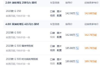 奔驰大g多少钱一辆 官方落地价142.98-189.88万元(入门款的全款价159.05万元起)